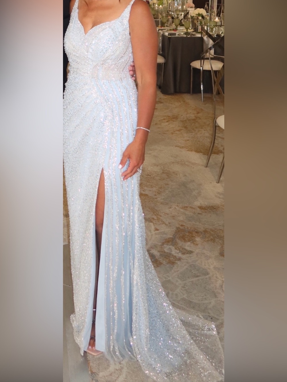 Sparkling Light Blue Evening Gown with Side Slit